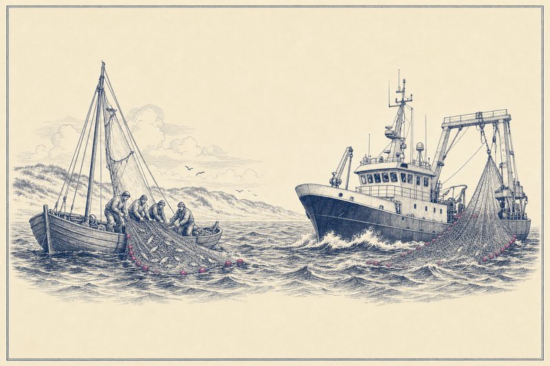 Zeichnung: links ein offenes Segelfischerboot mit Handnetz, rechts ein moderner Trawler mit Netzgalgen