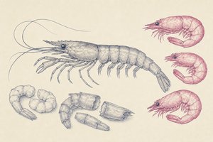 Zeichnung: rohe Nordseekrabbe in Seitenansicht, daneben drei gekochte, gekrümmte Krabben, vorn gepulte Krabben und leere Schalen